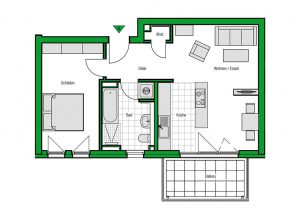 Grundriss einer Zweizimmerwohnung mit insgesamt 60 Quadratmetern Wohnfläche. Foto: HELMA Wohnungsbau GmbH