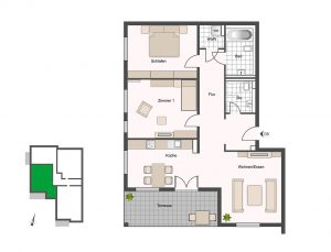 Großzügig bemessene 2 bis 4-Zimmer-Eigentumswohnungen. Wohnflächen von 78 bis 191 Quadratmetern bieten Raum für Familien, Singles und Individualisten. Hier das Beispiel einer Drei-Zimmer-Wohnung mit einladender Terrasse von 14 Quadratmetern. Grafik: HELMA Wohnungsbau GmbH 