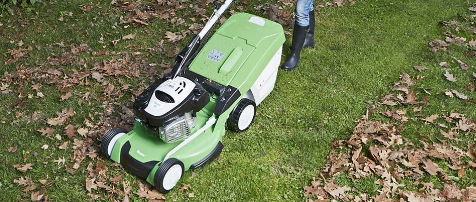 herbstpflege rasen foto-djdviking-0005 Laub sammeln mit dem Rasenmäher: Das spart Zeit und Mühe. Dazu die Schnitthöhe des Mähers auf die höchste Stufe einstellen und bei laufendem Motor über die Rasenfläche fahren. Foto: djd/Viking