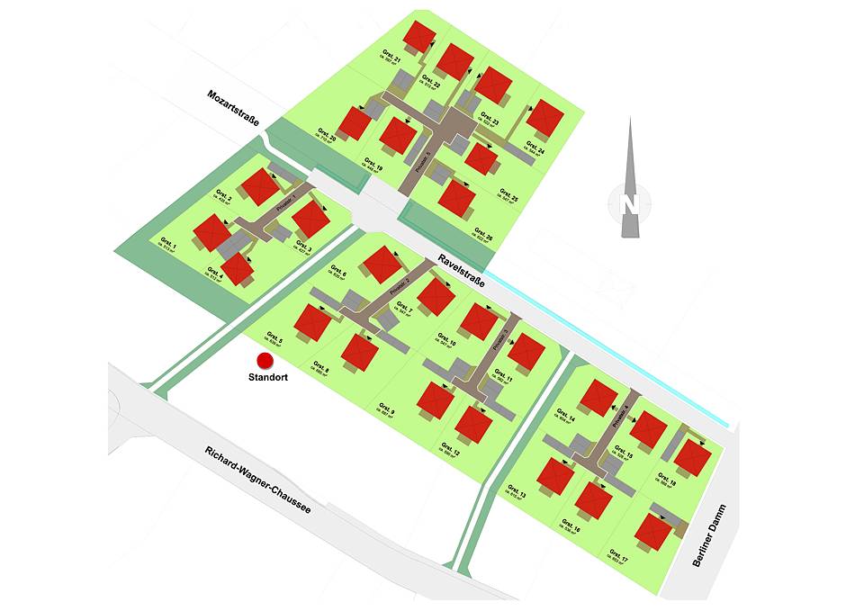 Lageplan des HELMA-Wohnparks im "Komponistenviertel" in Mahlow am südlichen Stadtrand von Berlin. 26 Grundstücke für Einfamilienhäuser werden dort angeboten. Der Verkaufsstart erfolgte zu Ostern. Grafik: HELMA Wohnungsbau GmbH