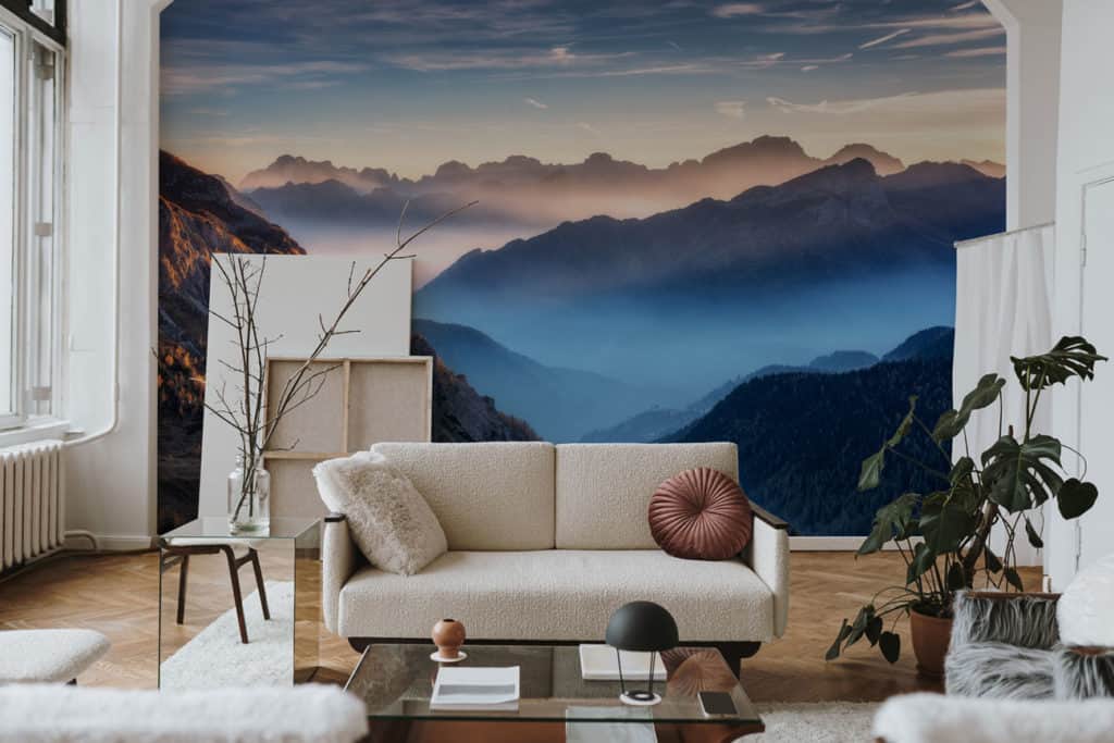 Fototapete mit Bergen im Nebel im Wohnzimmer