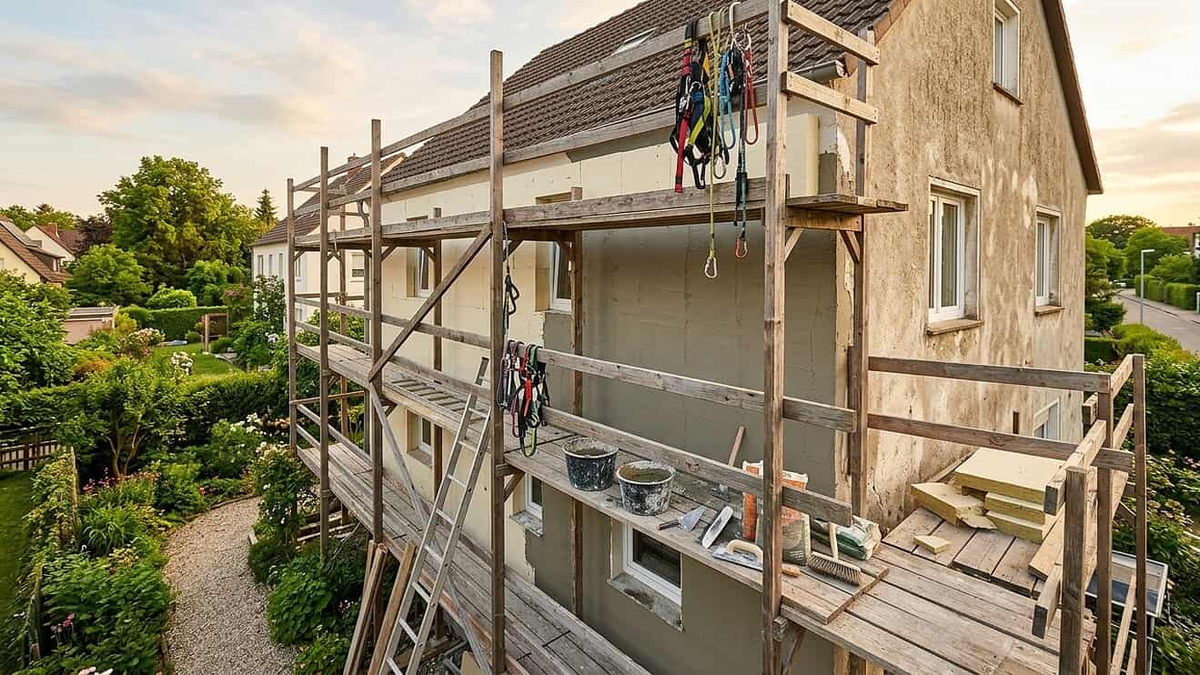 Für die Fassadensanierung am Eigenheim sollte der sichere Zugang auch in den oberen Bereichen des Hauses gewährleistet sein