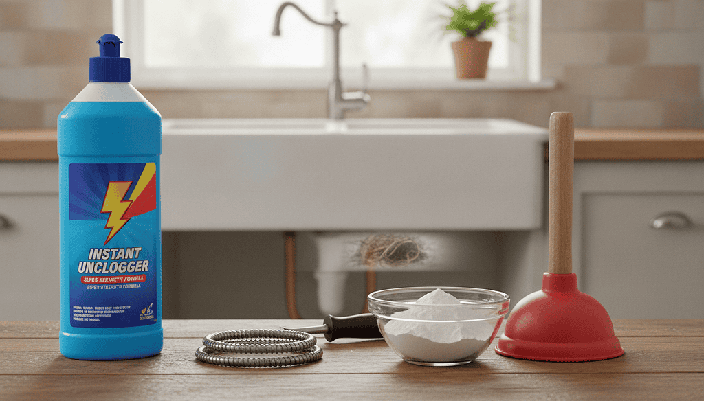 A visually informative composition illustrating chemical drain cleaners compared to alternative cleaning methods. In the foreground, showcase a bottle of a colorful chemical drain cleaner, emphasizing its vibrant label and packaging. Nearby, display practical household items like a plunger, a mixture of baking soda and vinegar in a bowl, and a snake tool, arranged neatly to create a contrast. In the middle ground, include a kitchen or bathroom sink with pipes, subtly showing a blockage. In the background, softly illuminated space to create a realistic environment. Use soft, warm lighting to convey a professional yet approachable atmosphere, with a focus on clarity and detail to highlight the effectiveness of chemical versus natural methods. A visually informative composition illustrating chemical drain cleaners compared to alternative cleaning methods. In the foreground, showcase a bottle of a colorful chemical drain cleaner, emphasizing its vibrant label and packaging. Nearby, display practical household items like a plunger, a mixture of baking soda and vinegar in a bowl, and a snake tool, arranged neatly to create a contrast. In the middle ground, include a kitchen or bathroom sink with pipes, subtly showing a blockage. In the background, softly illuminated space to create a realistic environment. Use soft, warm lighting to convey a professional yet approachable atmosphere, with a focus on clarity and detail to highlight the effectiveness of chemical versus natural methods.