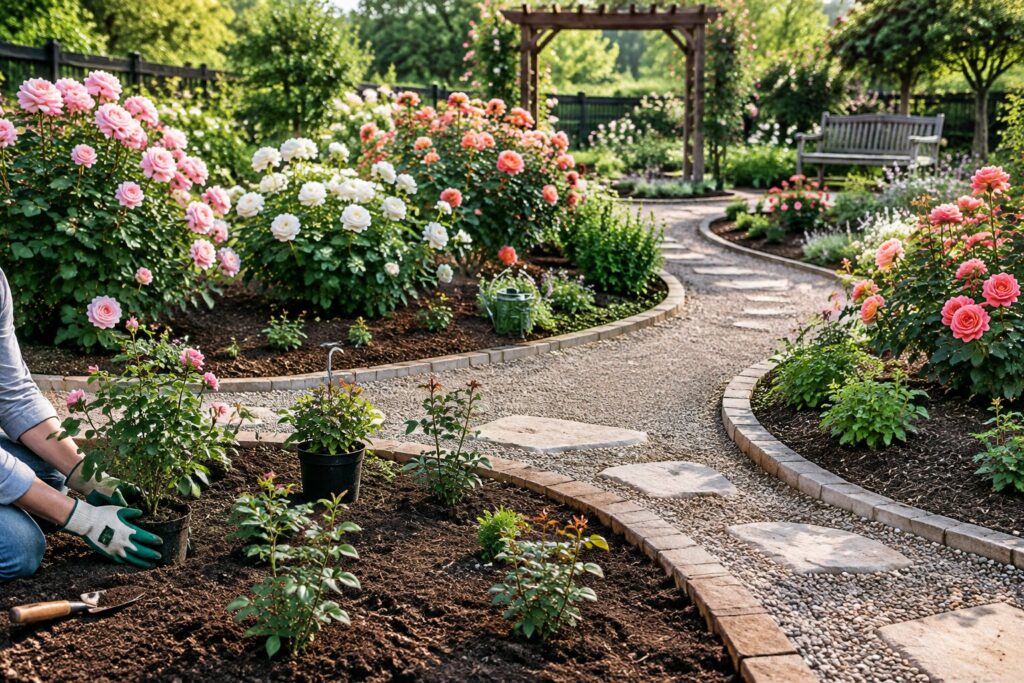 Rosengarten mit geschwungenen Wegen und angelegten Rosenbeeten