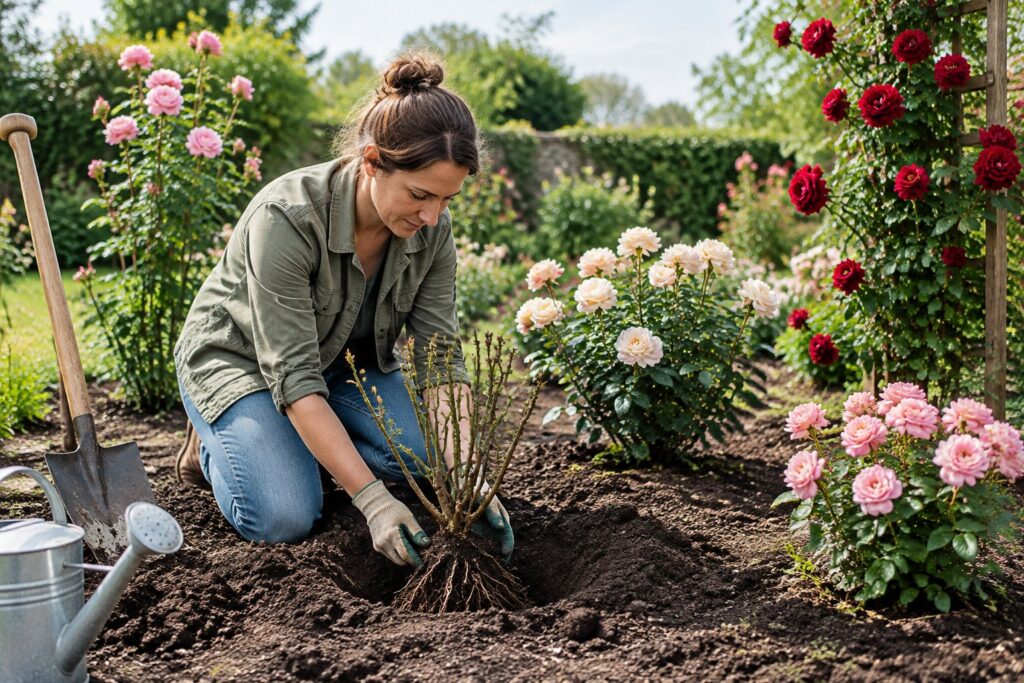 Verschiedene Rosensorten in einem sonnigen Rosenbeet